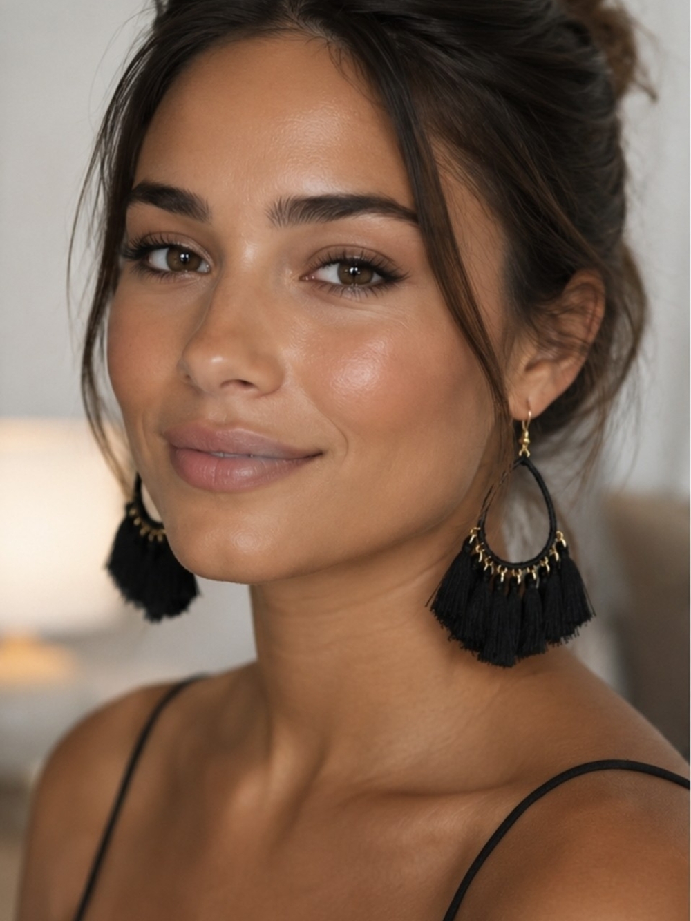 Elegant Black Tassel Hoop Earrings with Gold Accents